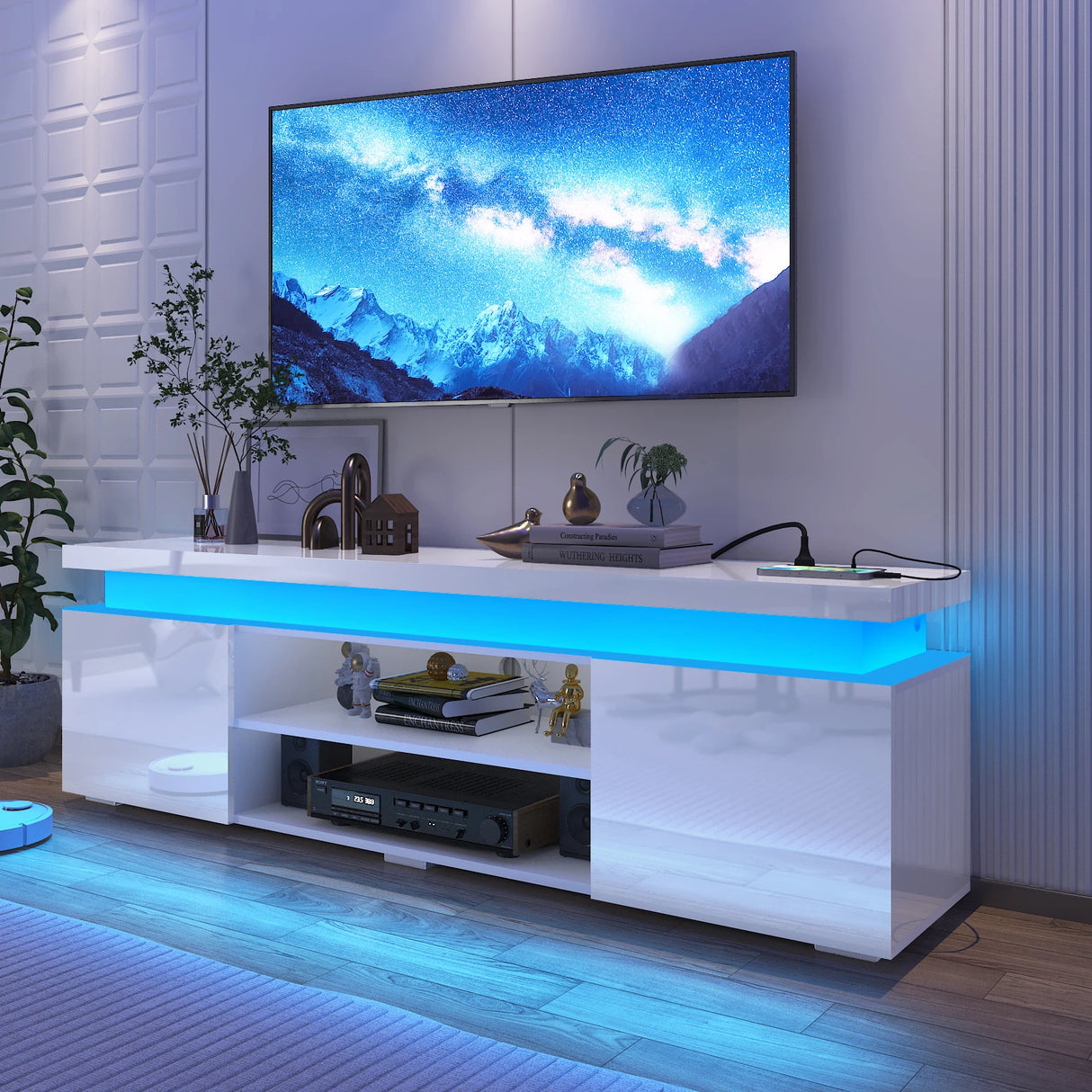 Modern 66-Inch High Gloss LED TV Stand With Power Outlet