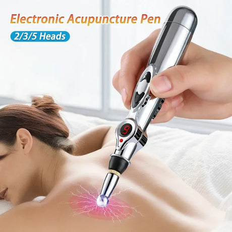Electronic Acupuncture Pen Stainless Steel Massage Device With 5 Heads - Omega Lifestyles