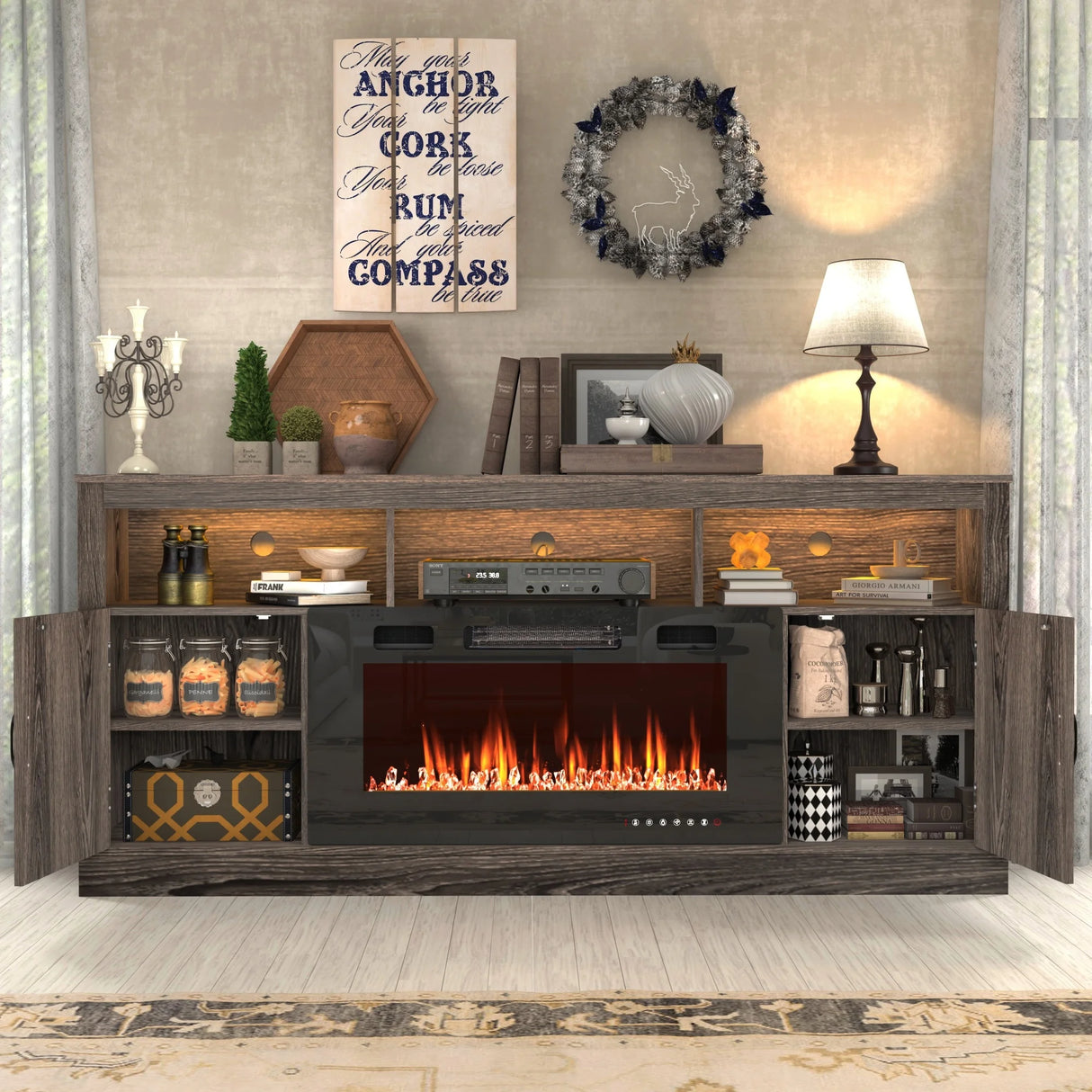Farmhouse Rustic Fireplace TV Stand With LED Light