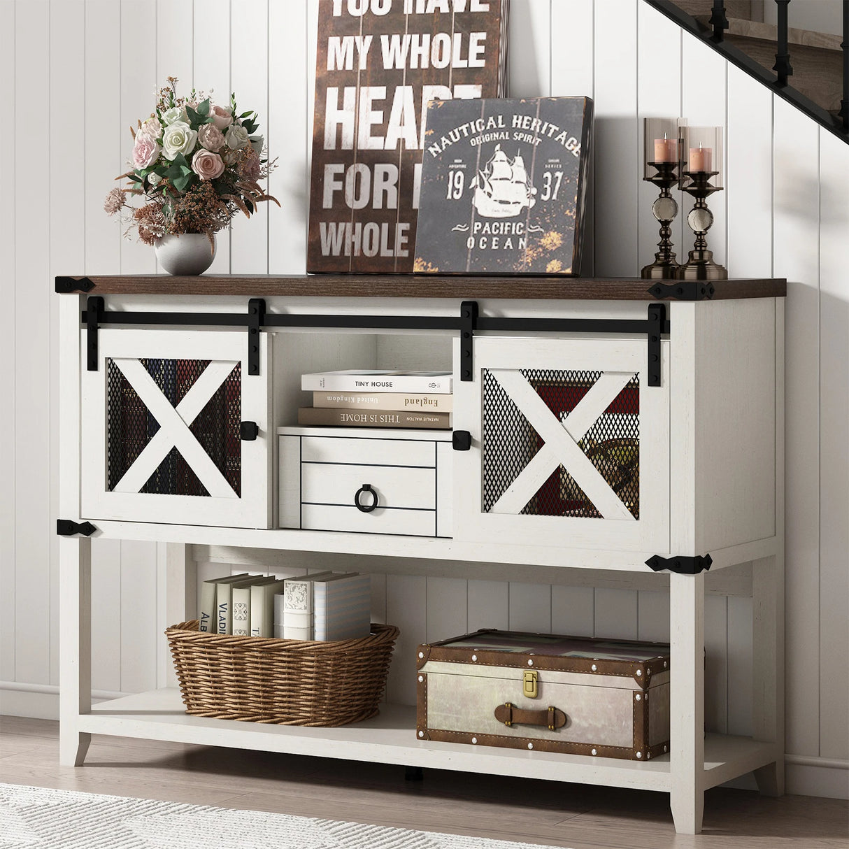 Antique Wood Farmhouse Entryway Table With Sliding Barn Doors
