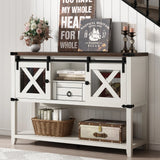 Antique Wood Farmhouse Entryway Table With Sliding Barn Doors