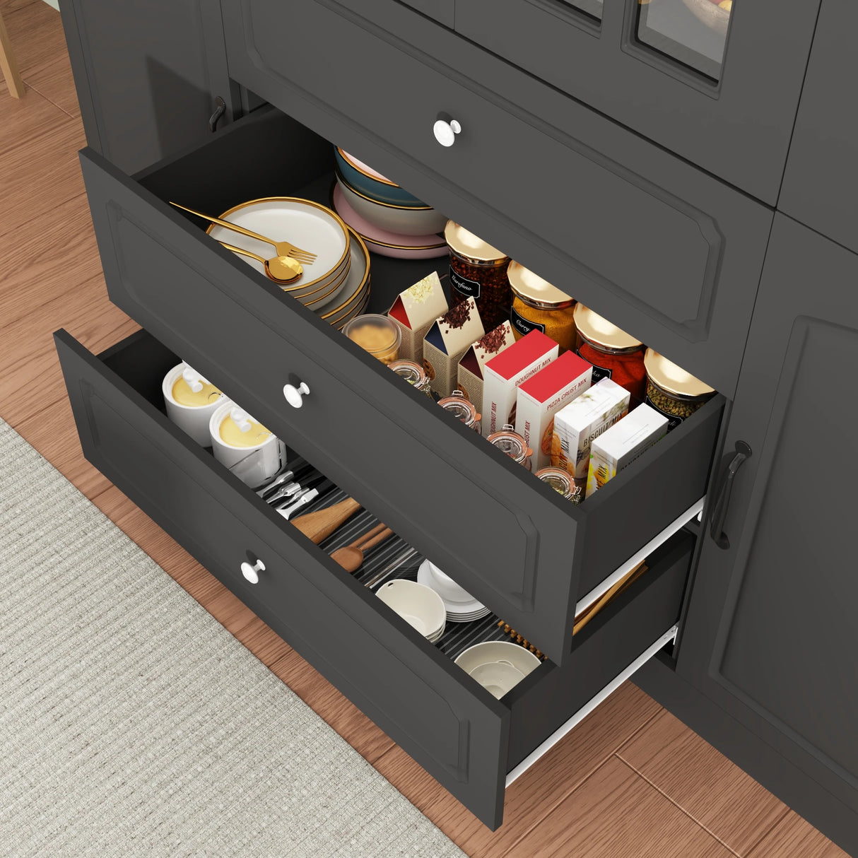 Spacious White Glass Door Dining Room Storage Cabinet