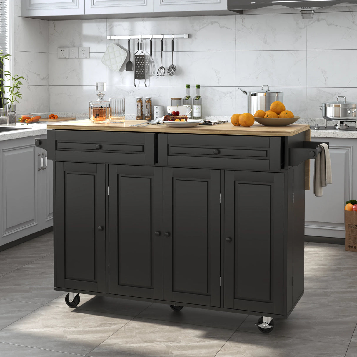 Spacious Rolling Kitchen Island Cart With Storage Cabinet