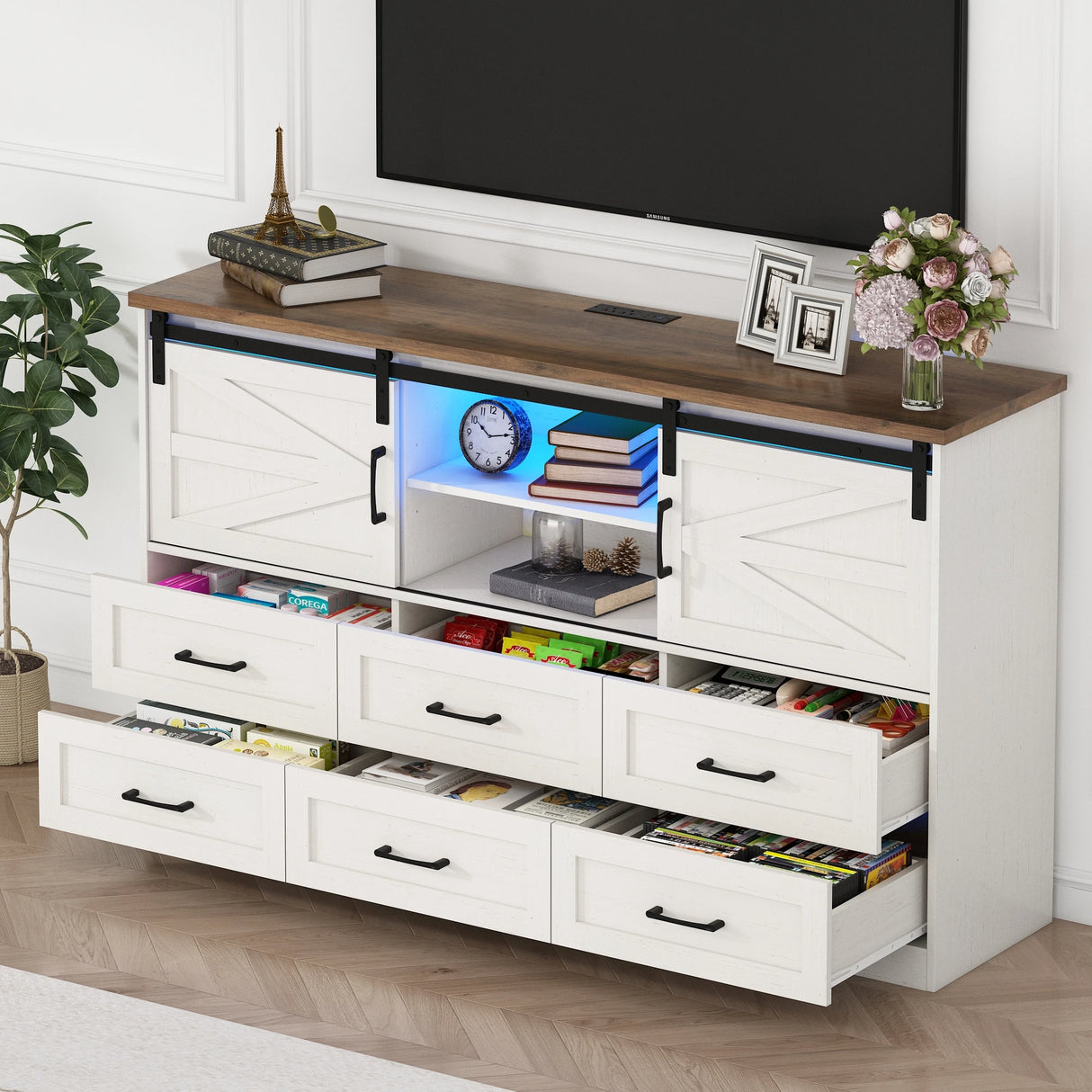 Modern Farmhouse Wood Storage Cabinet With Charging Station