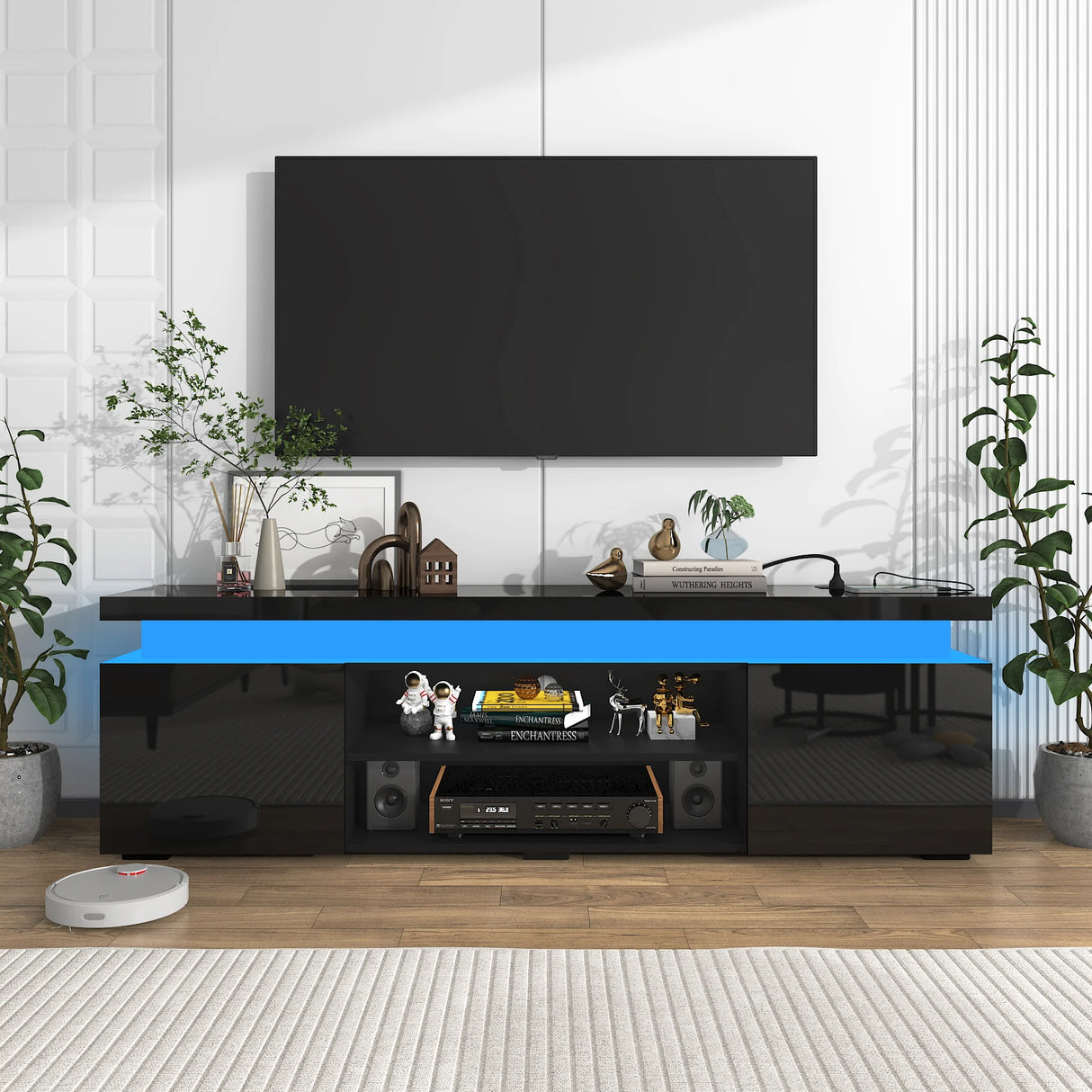 Modern 66-Inch High Gloss LED TV Stand With Power Outlet