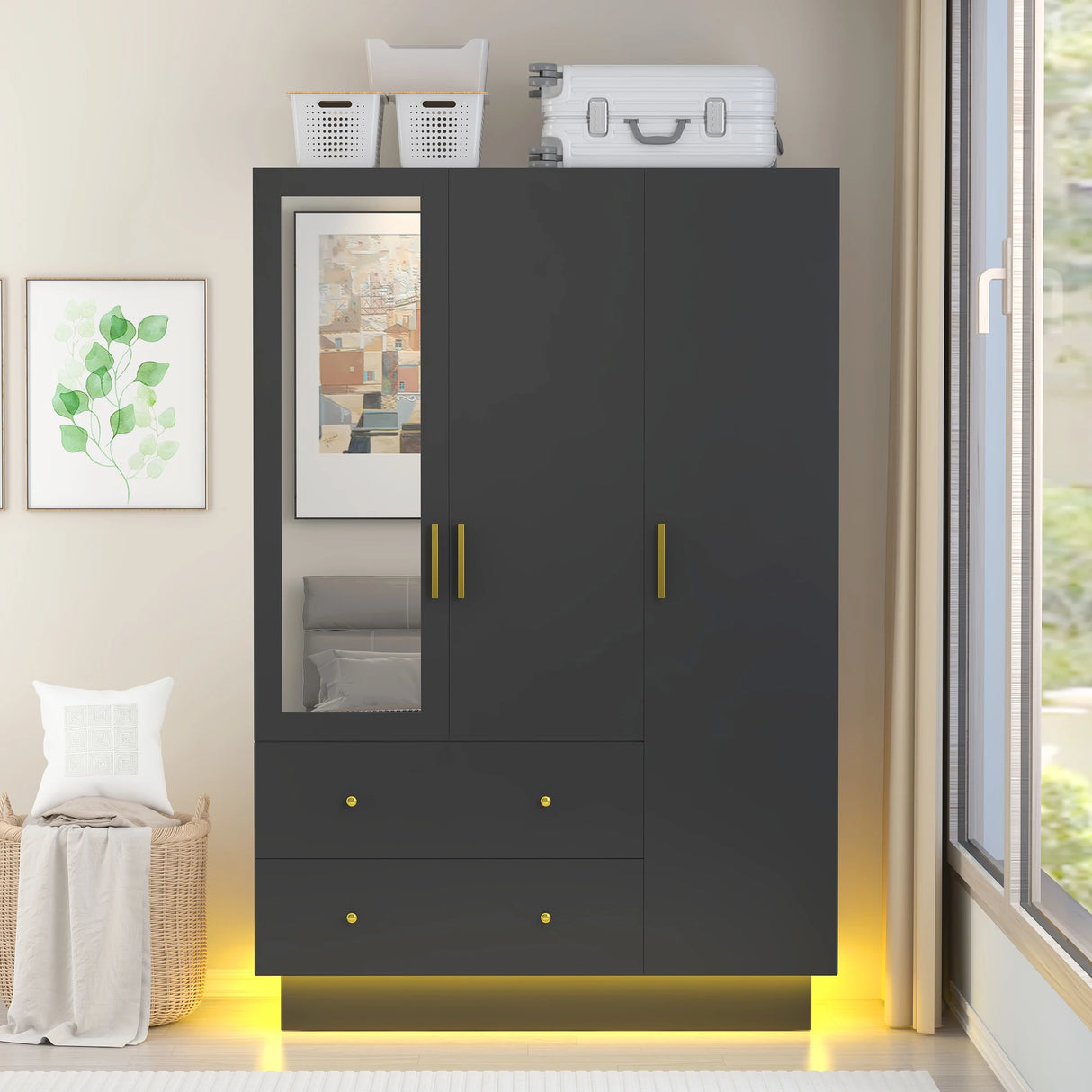 Modern Engineered Wood 3-Door Wardrobe Closet With Mirror