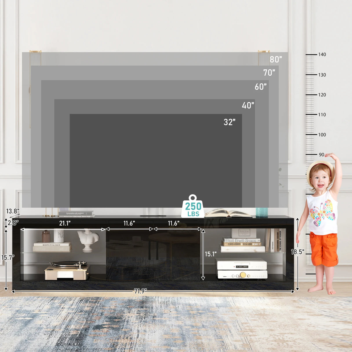 Modern High Gloss 72-Inch LED TV Stand With Storage