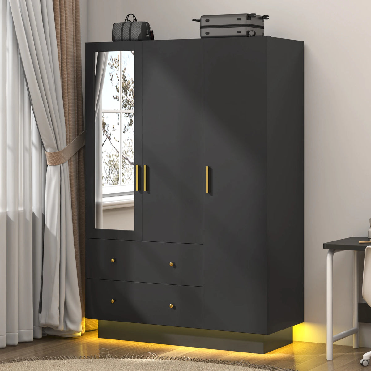 Modern Engineered Wood 3-Door Wardrobe Closet With Mirror