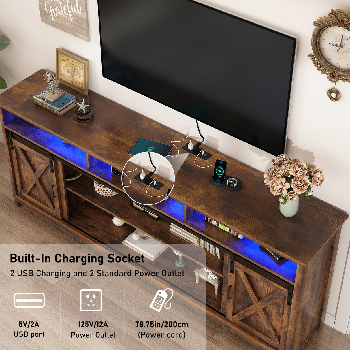 Farmhouse Sliding Barn Door Wooden TV Stand Cabinet