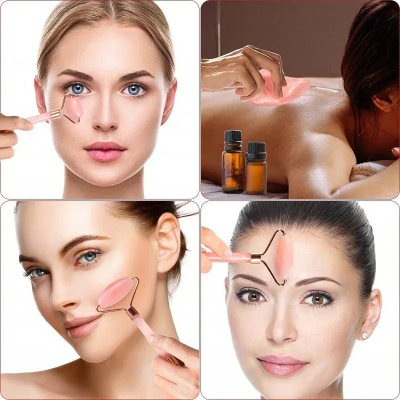 Pink Resin Jade Roller And Gua Sha Facial Massage Set - Omega Lifestyles