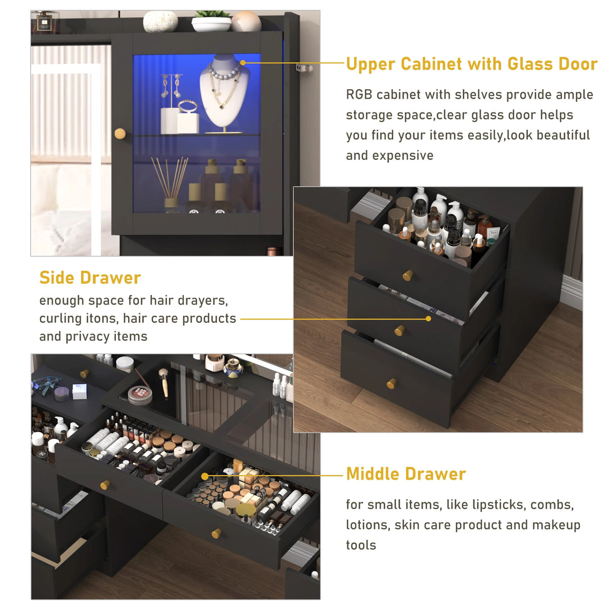 Large Modern Wooden Vanity Desk With Mirror Lights