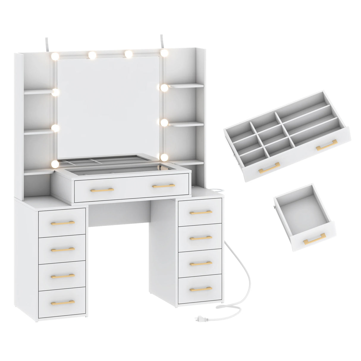 Modern Glass Top Vanity Desk With Mirror LED Lights