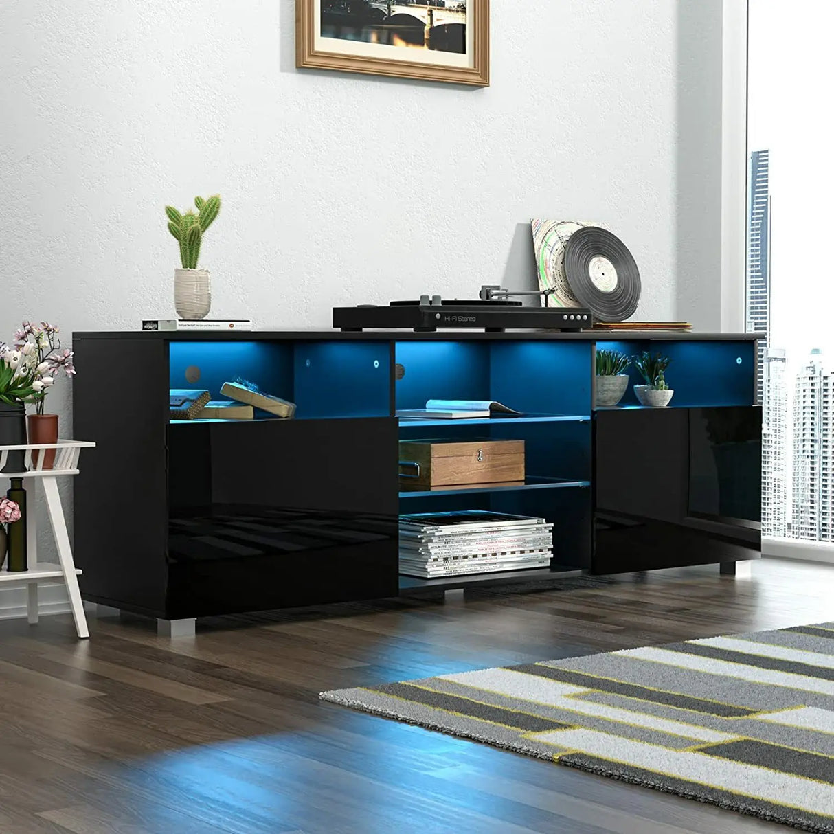 Modern LED TV Stand With Adjustable Shelves and Remote Control