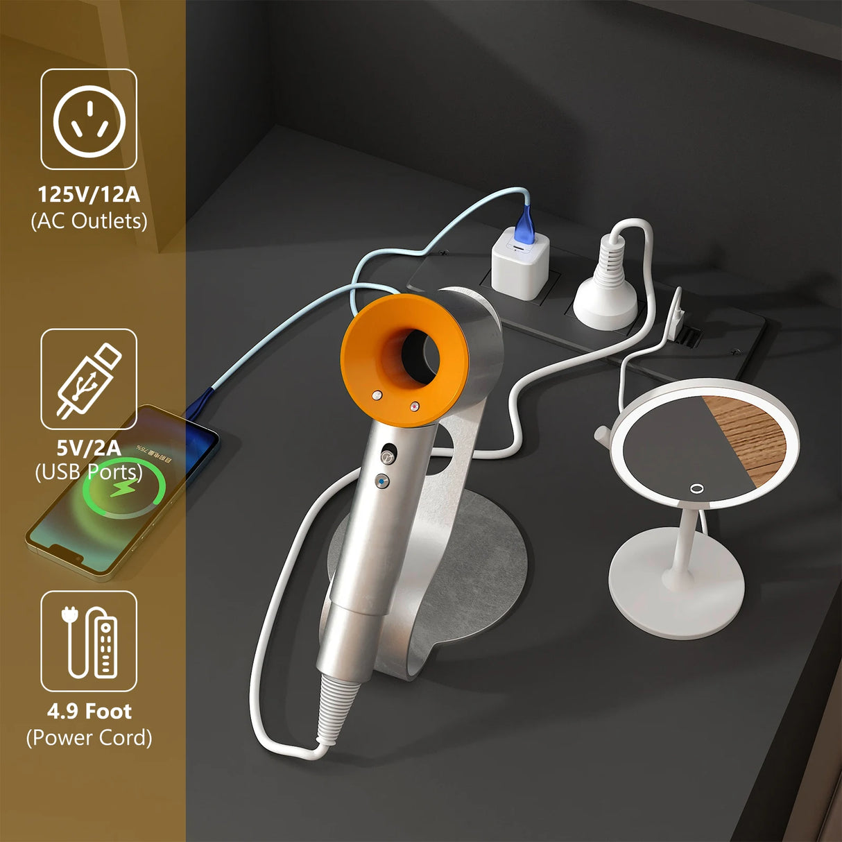 Modern Wooden Vanity Desk With Mirror Lights Charging Station