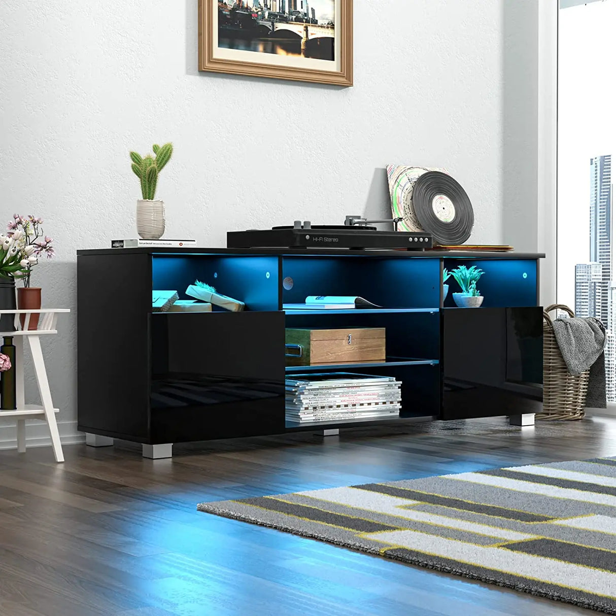 Modern LED TV Stand With Adjustable Shelves and Remote Control