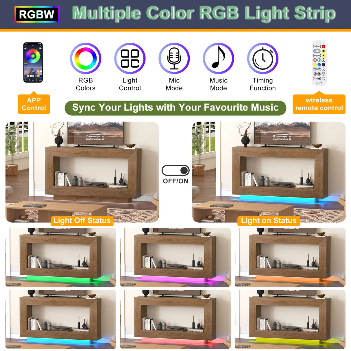 Wooden Farmhouse Console Table With 6000-Color Lighting