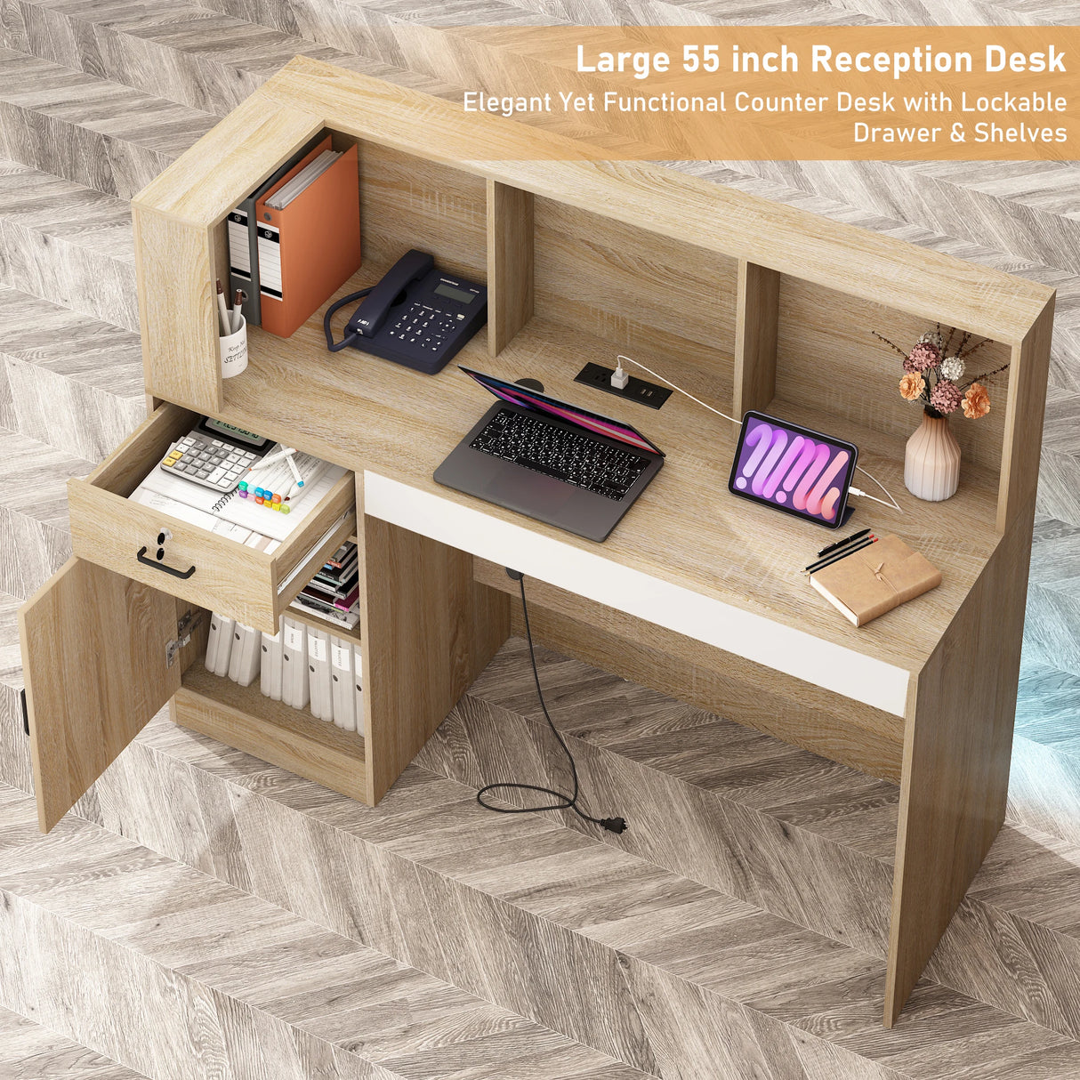 Modern LED Reception Desk With Storage Cabinets and Power Outlets