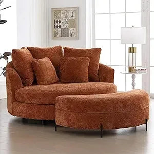 Oversized Round Barrel Chenille Fabric Accent Chair With Ottoman - Omega Lifestyles