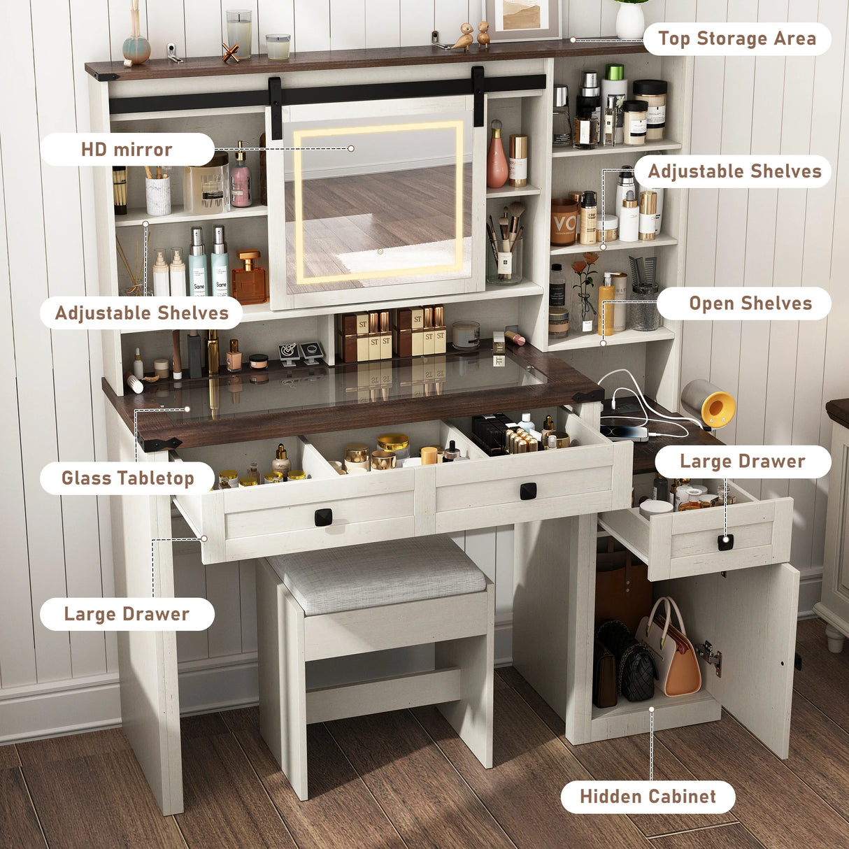 Farmhouse Makeup Vanity Desk With Mirror Lights Stool