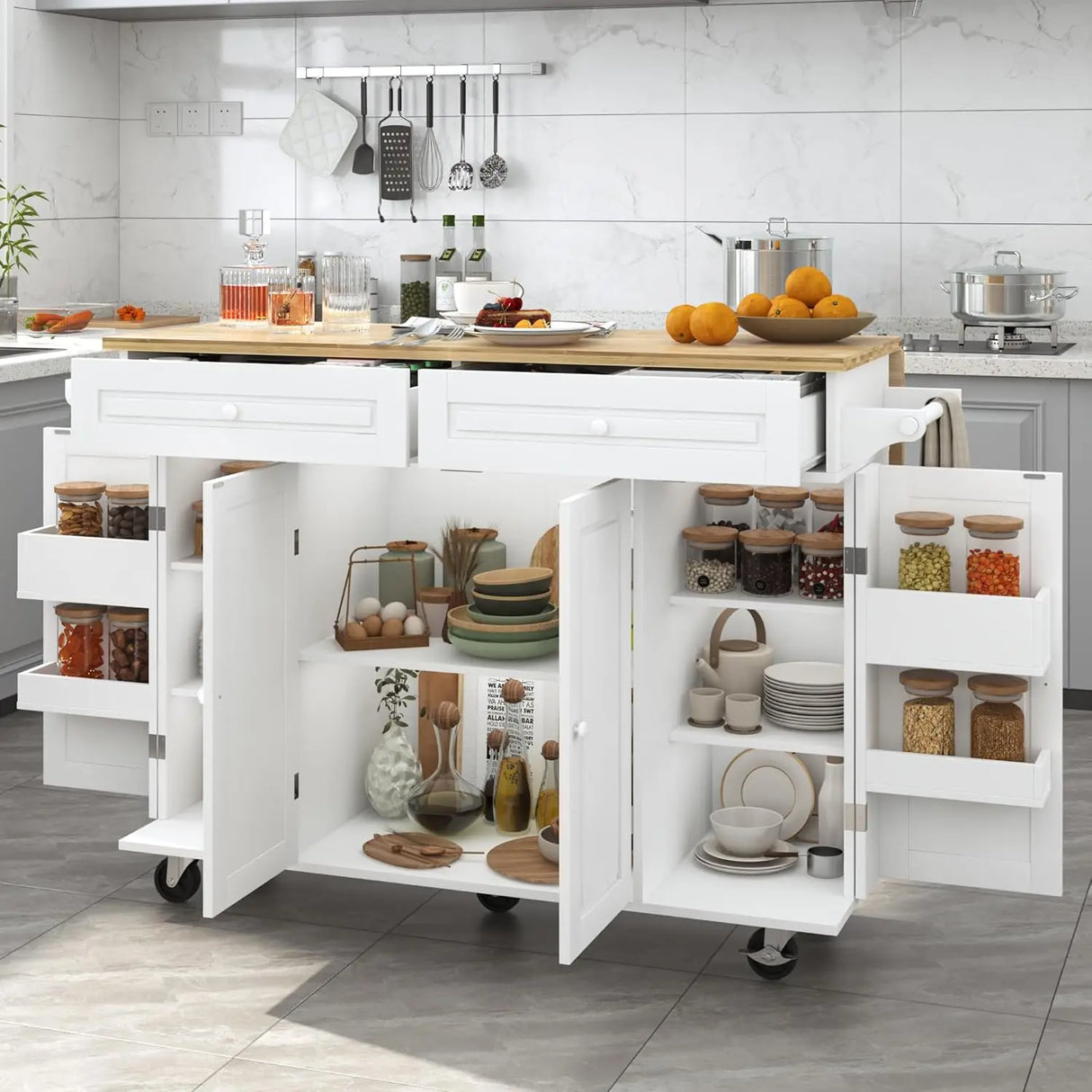 Spacious Rolling Kitchen Island Cart With Storage Cabinet