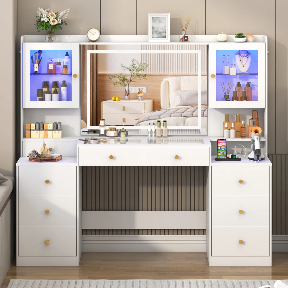 Large Modern Wooden Vanity Desk With Mirror Lights
