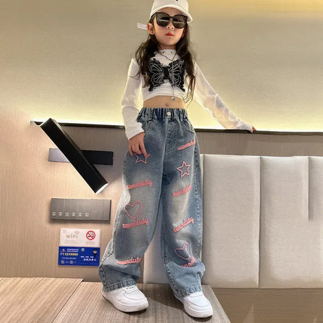 Girls Casual Loose Fit Wide Leg Patterned Jeans - Omega Lifestyles