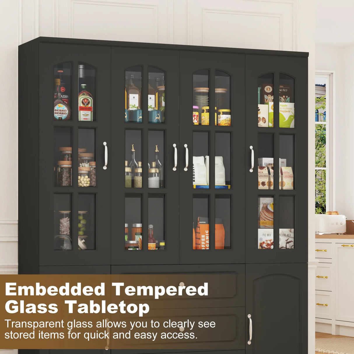 Spacious White Glass Door Dining Room Storage Cabinet