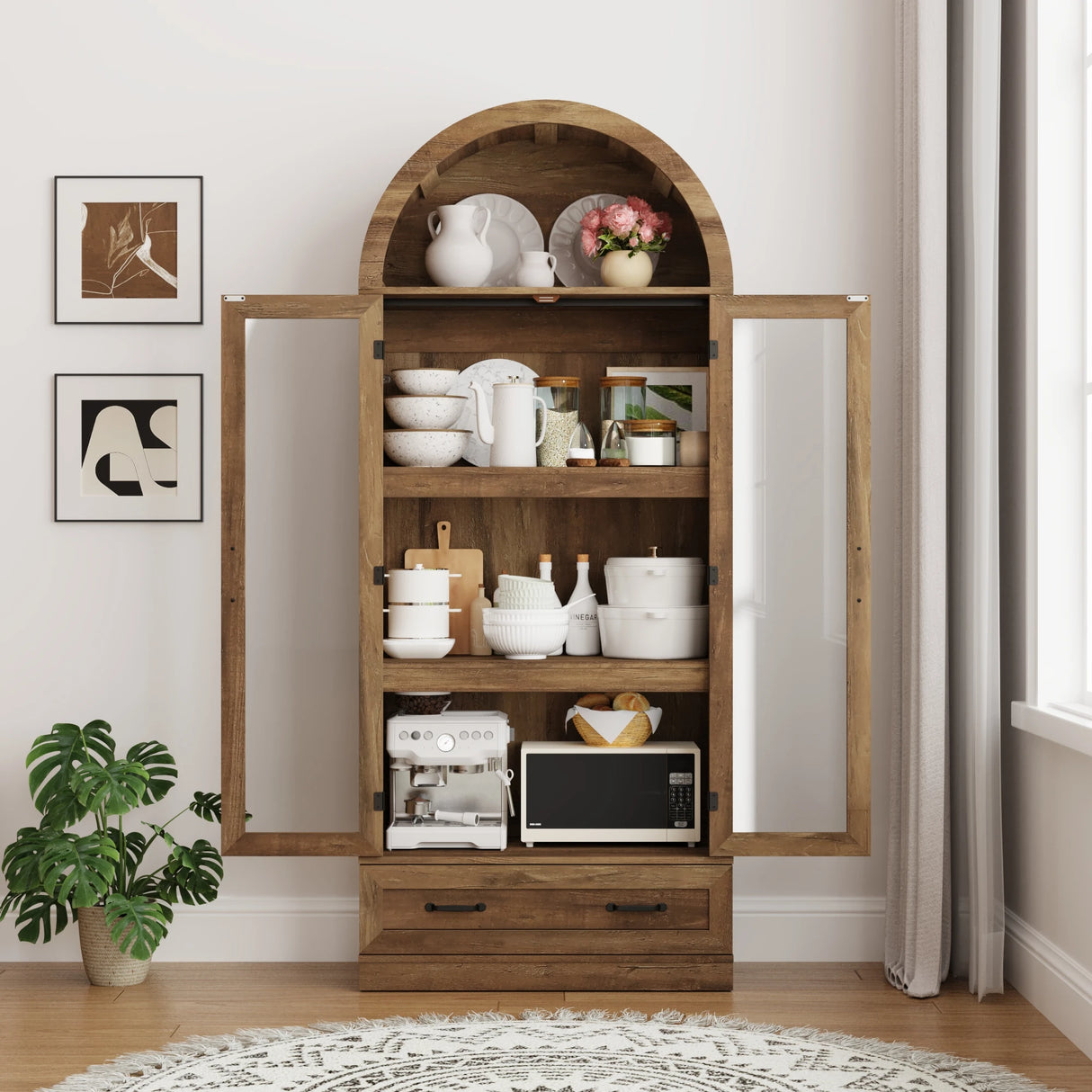 75-Inch Arched Farmhouse Wood Kitchen Pantry Cabinet