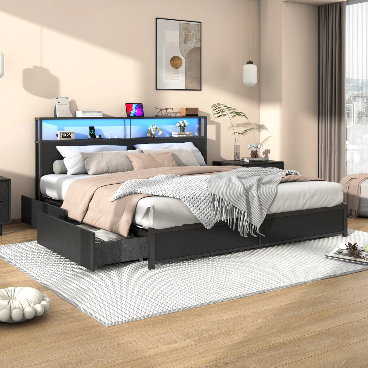 King Size Industrial LED Light Storage Platform Bed Frame