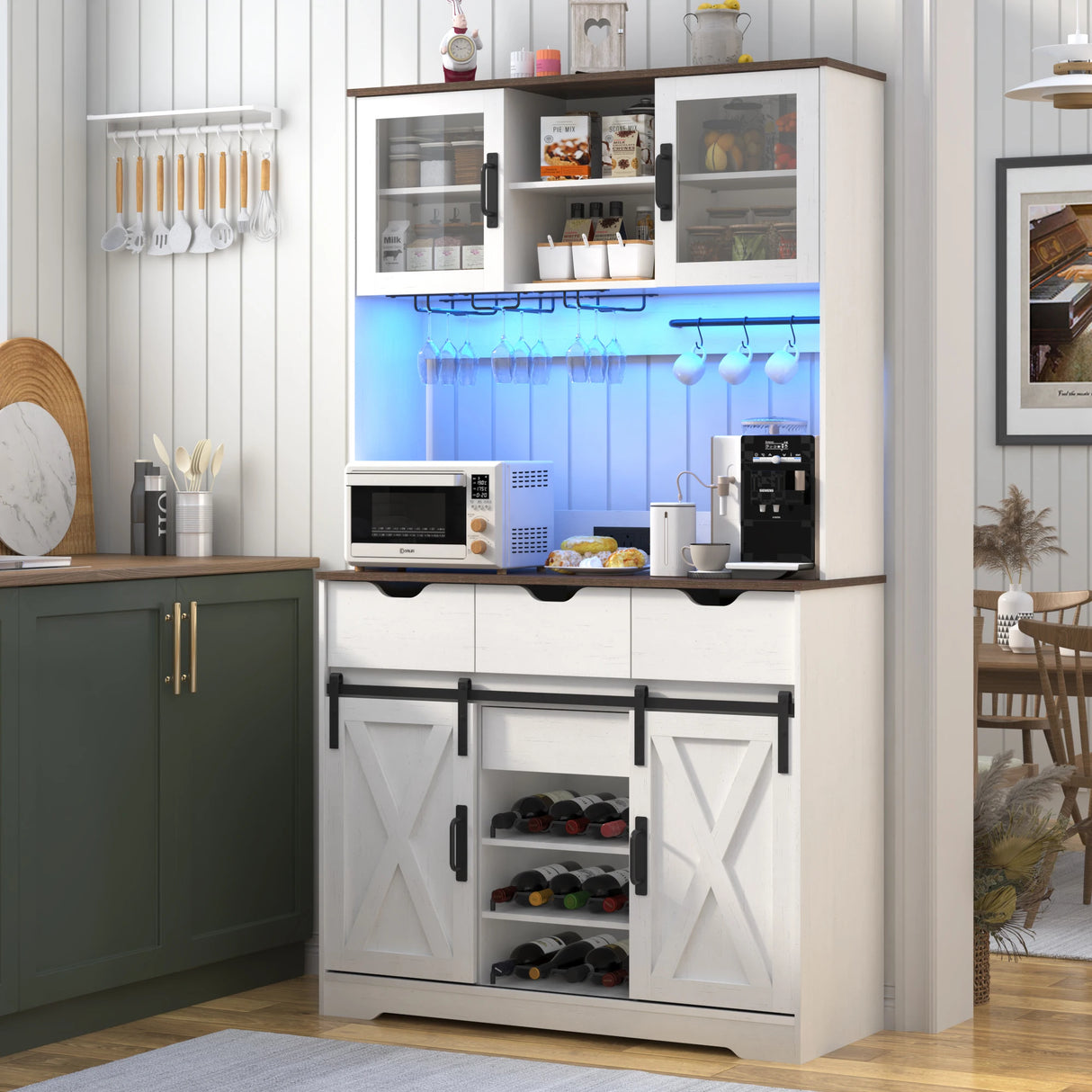 Farmhouse Wood Sliding Door Coffee Bar Cabinet With LED Lights