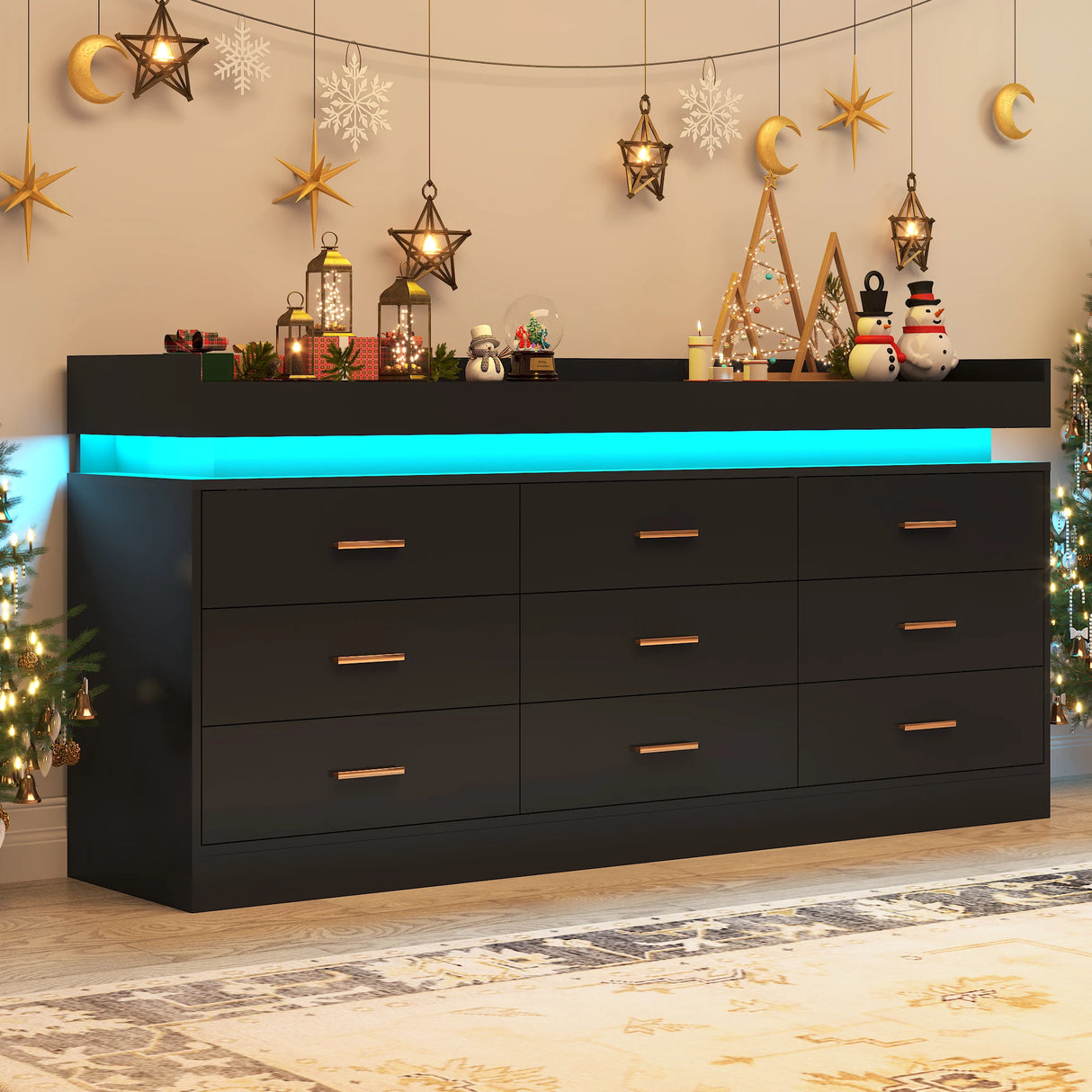 Modern 9-Drawer Wooden Dresser With LED Light