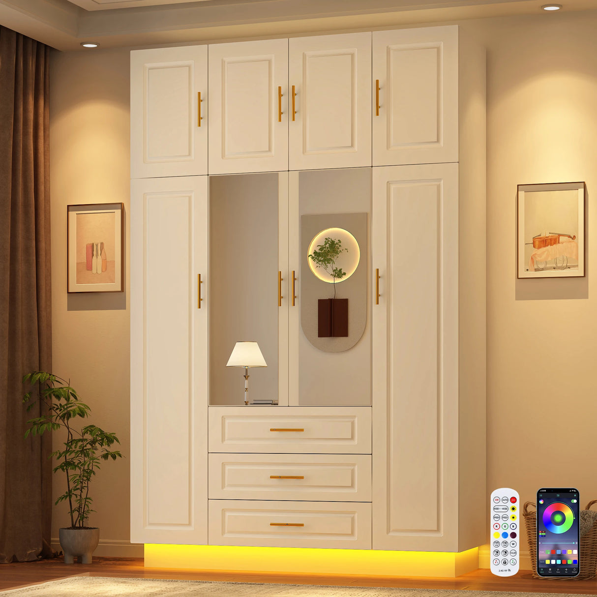 Modern Minimalist 4-Door LED Armoire Wardrobe Closet
