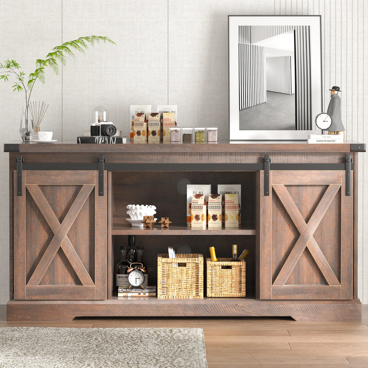 Farmhouse Wooden TV Stand With Sliding Barn Doors