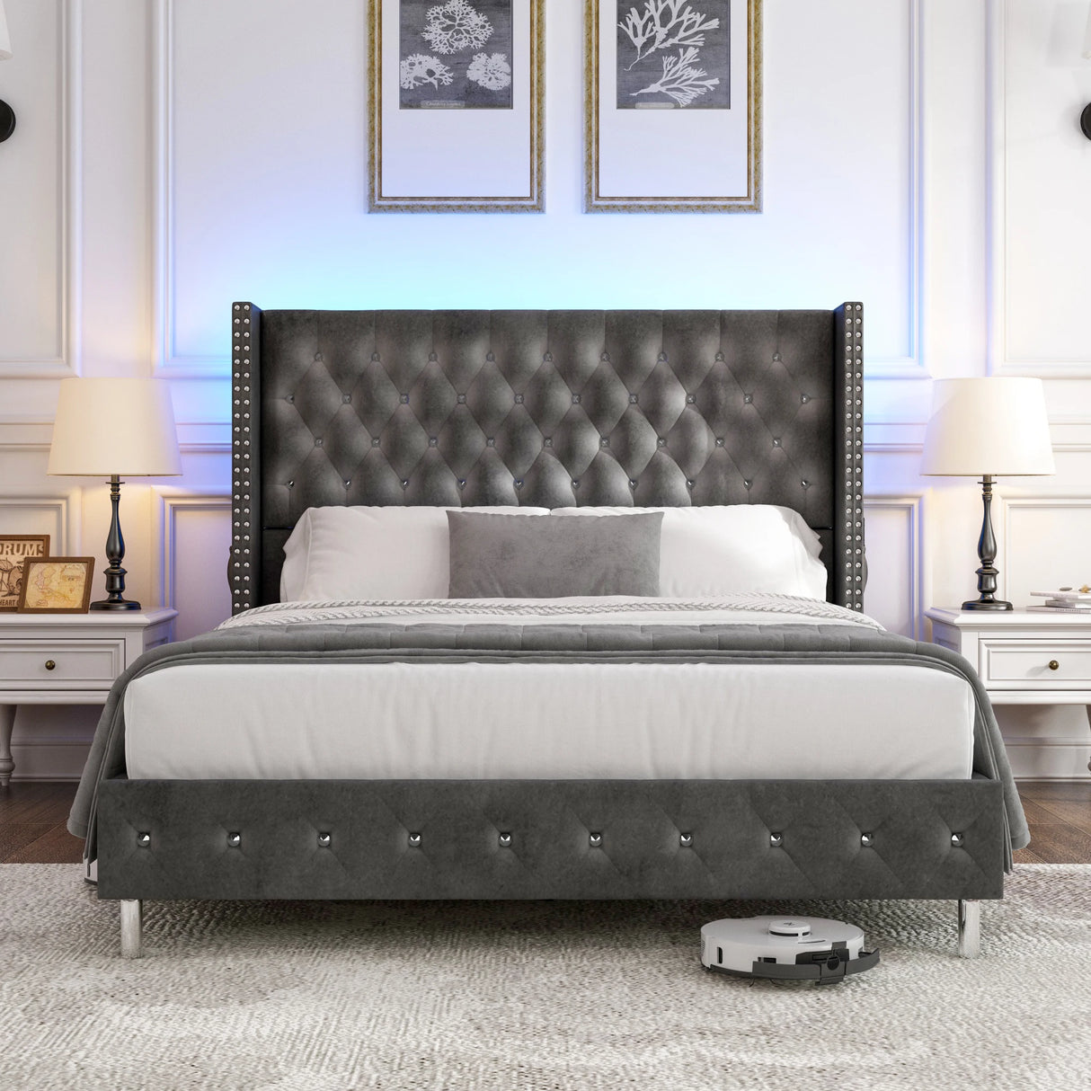 Queen Velvet Upholstered Wingback Bed Frame With LED Lights