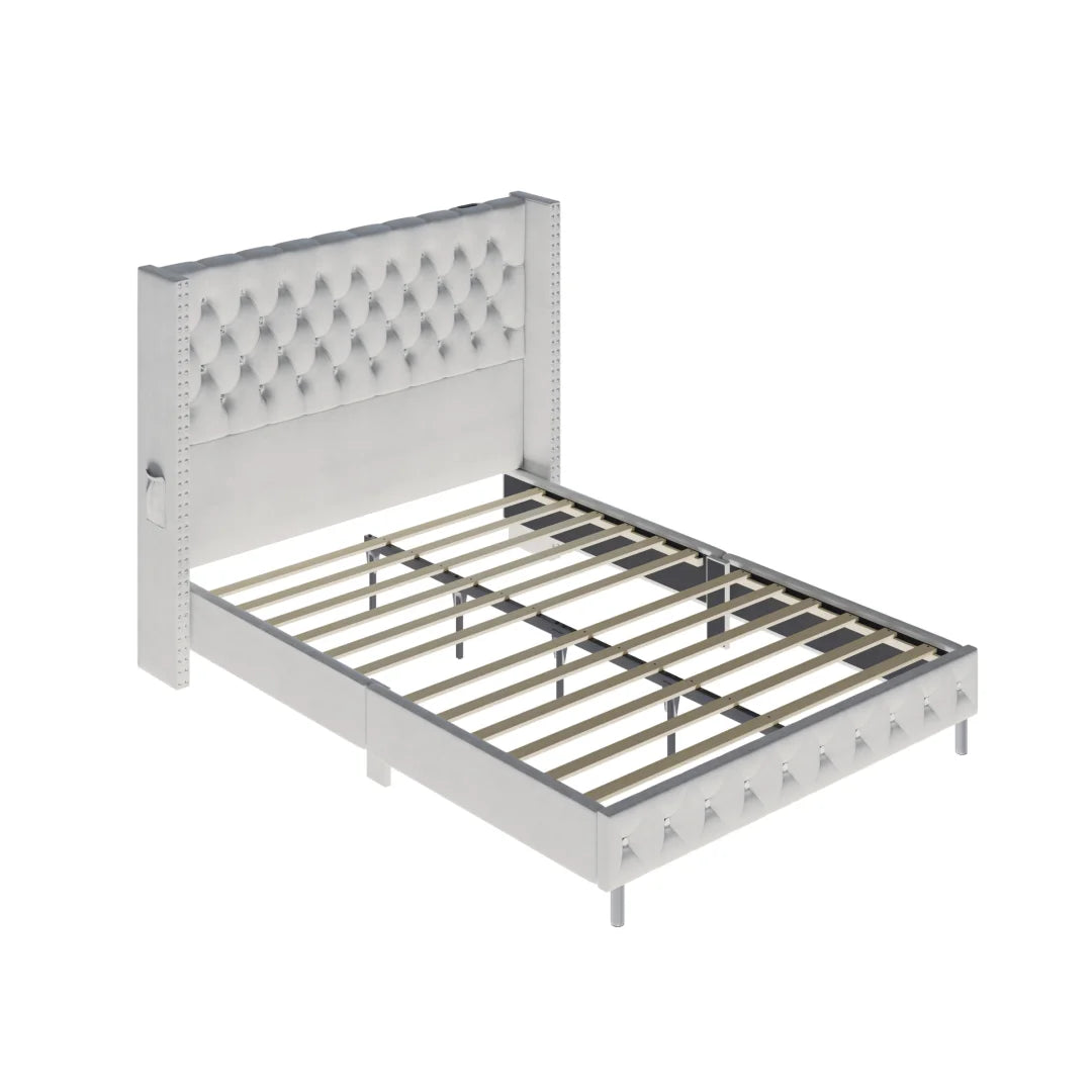 Queen Velvet Upholstered Wingback Bed Frame With LED Lights