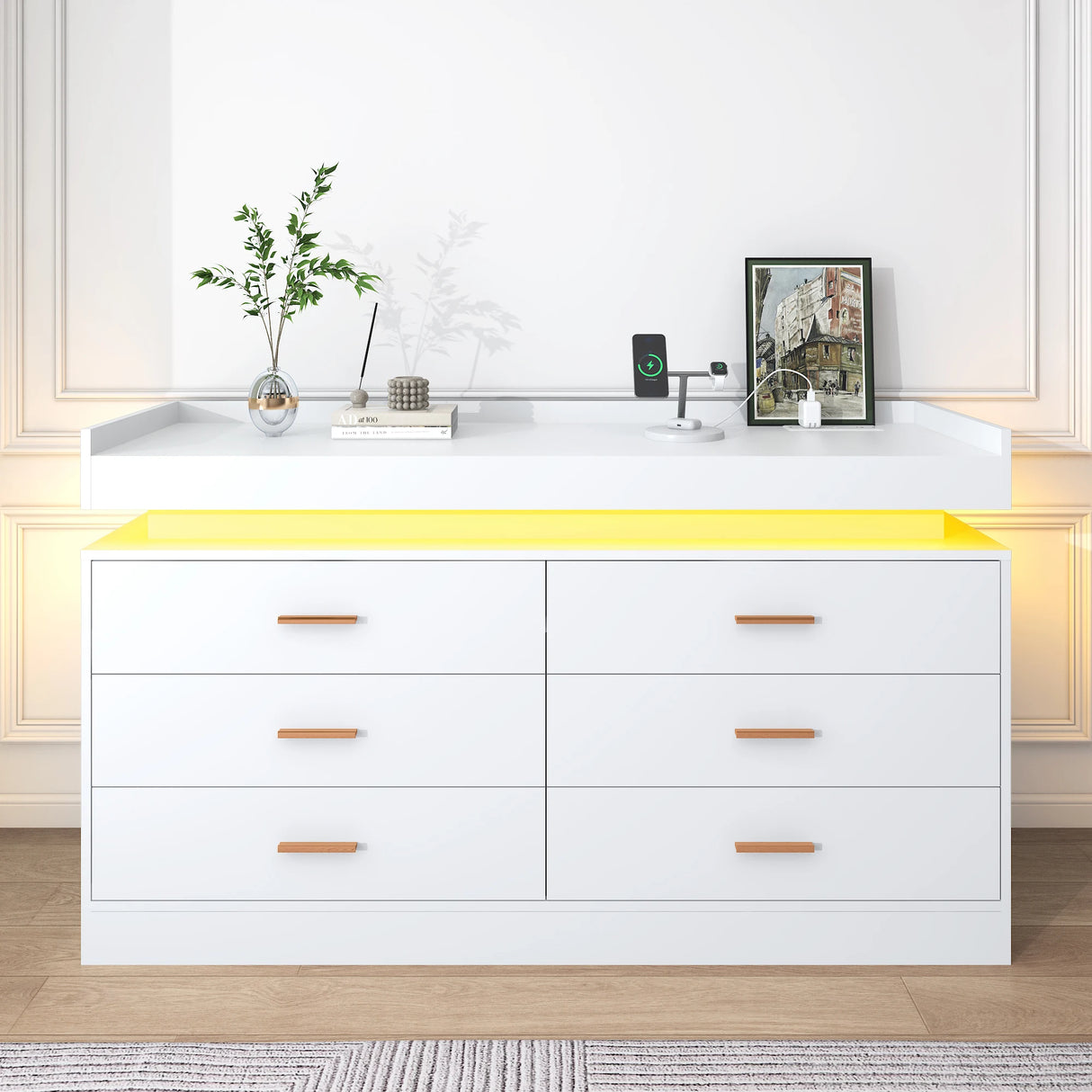 Modern 6 Drawer Wooden Dresser With LED Light