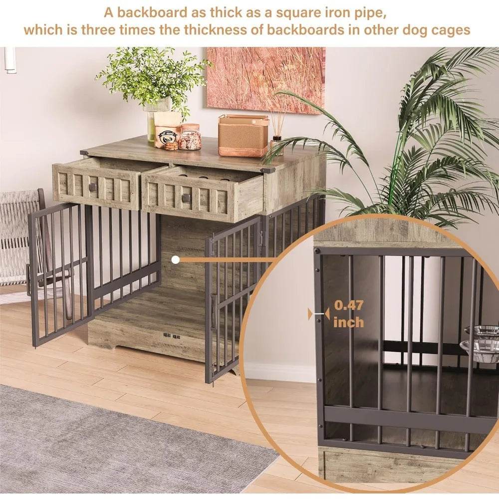 Indoor Wooden Dog Crate Furniture With Adjustable Feeder - Omega Lifestyles