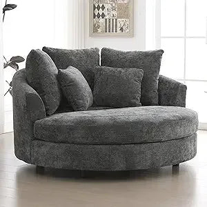 Oversized Round Barrel Chenille Fabric Accent Chair With Ottoman - Omega Lifestyles