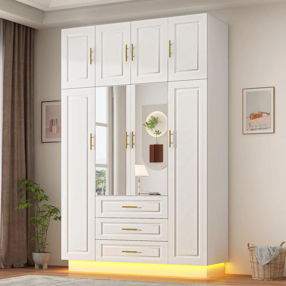 Modern Minimalist 4-Door LED Armoire Wardrobe Closet