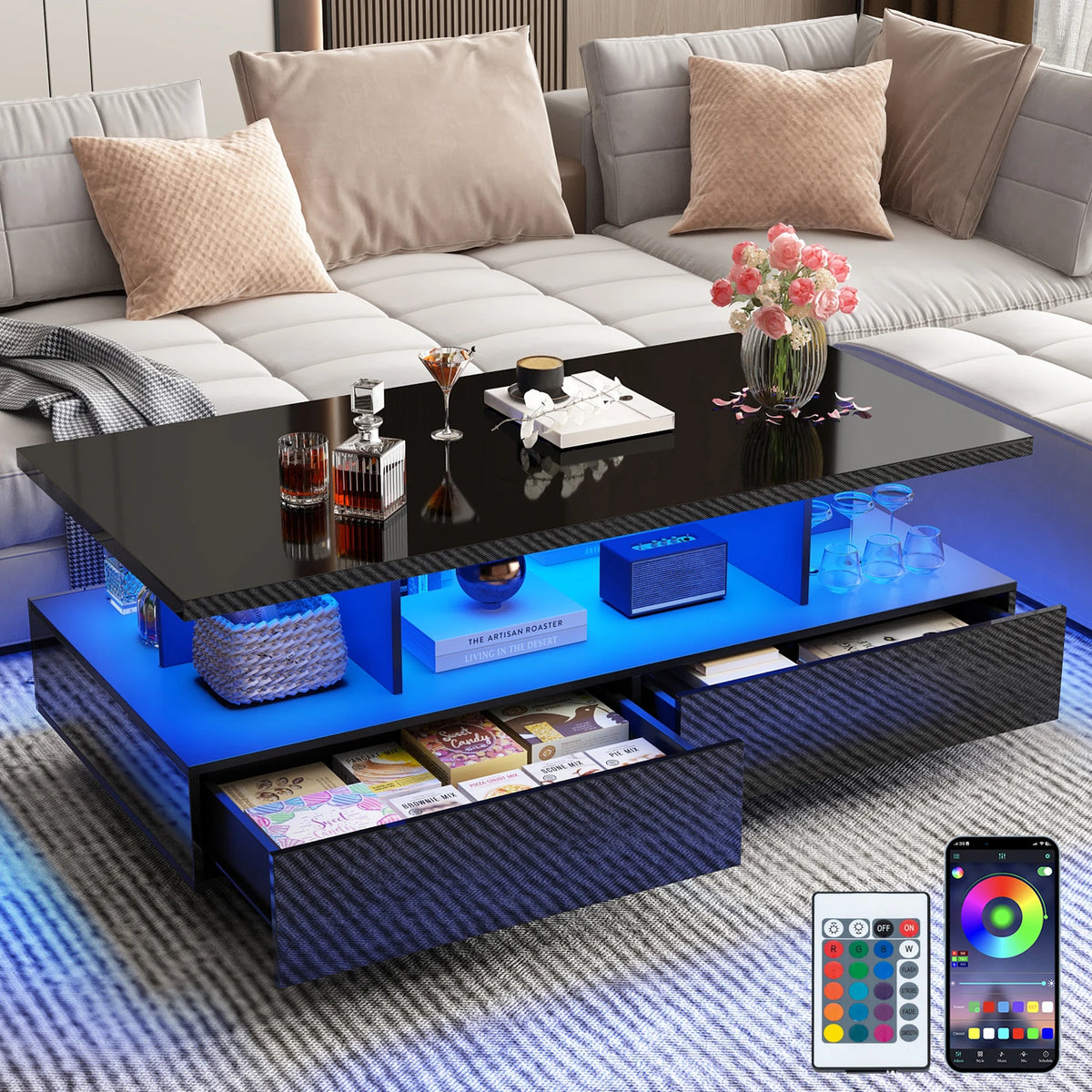 43-Inch Modern LED High Gloss Coffee Table With Storage Drawers