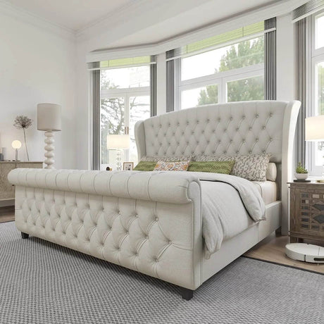 Chenille Upholstered Sleigh Bed Frame - Omega Lifestyles