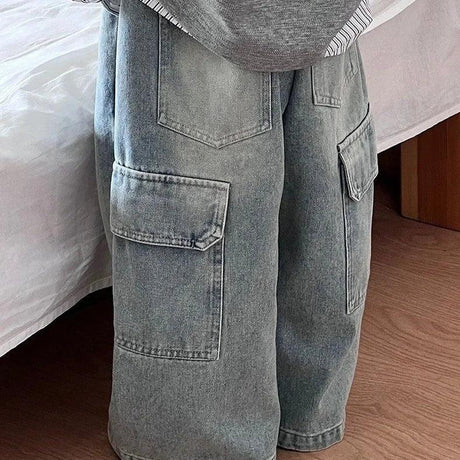 Children’s Loose Fit Mid Waist Big Pocket Straight Jeans - Omega Lifestyles