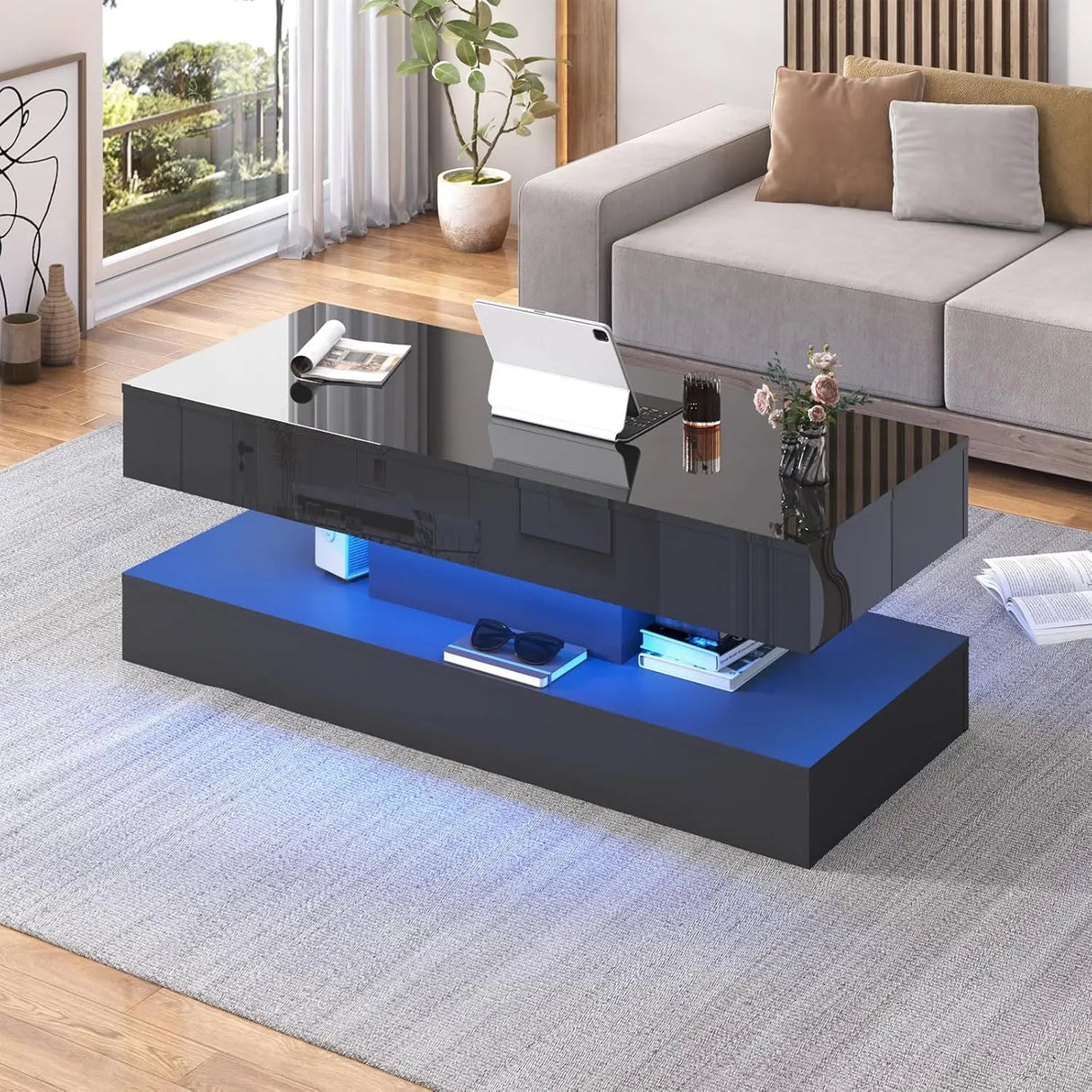 Modern LED High Glossy Wood Coffee Table With Storage
