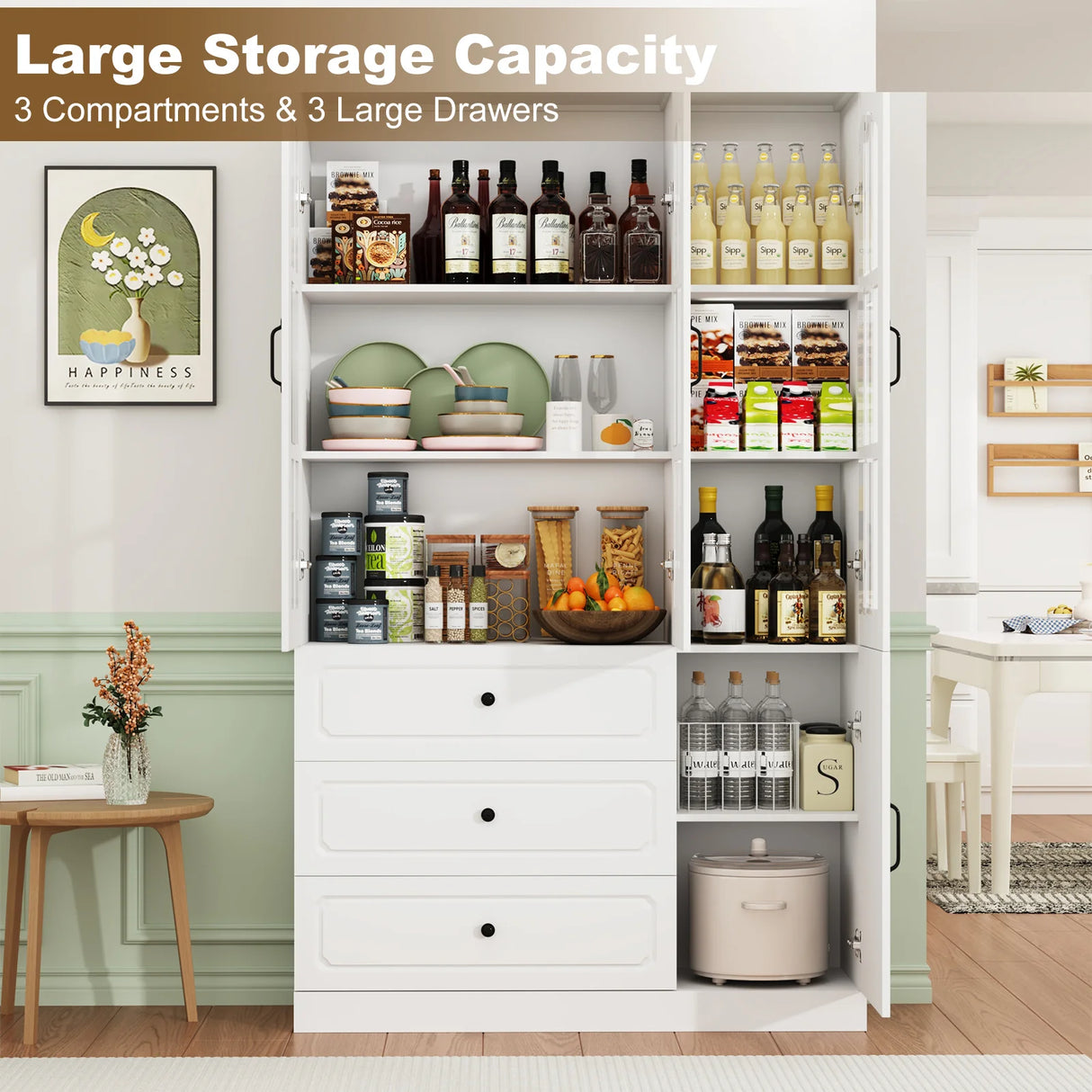 Modern 78-Inch White Glass Door Living Room Cabinet