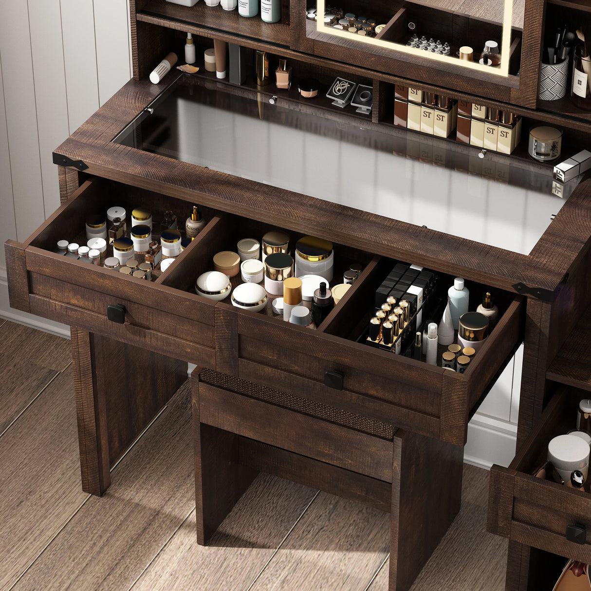 Farmhouse Makeup Vanity Desk With Mirror Lights Stool