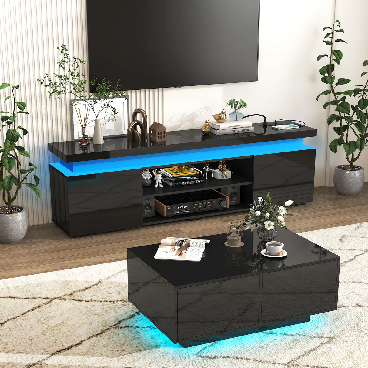 Modern 66-Inch High Gloss LED TV Stand With Power Outlet