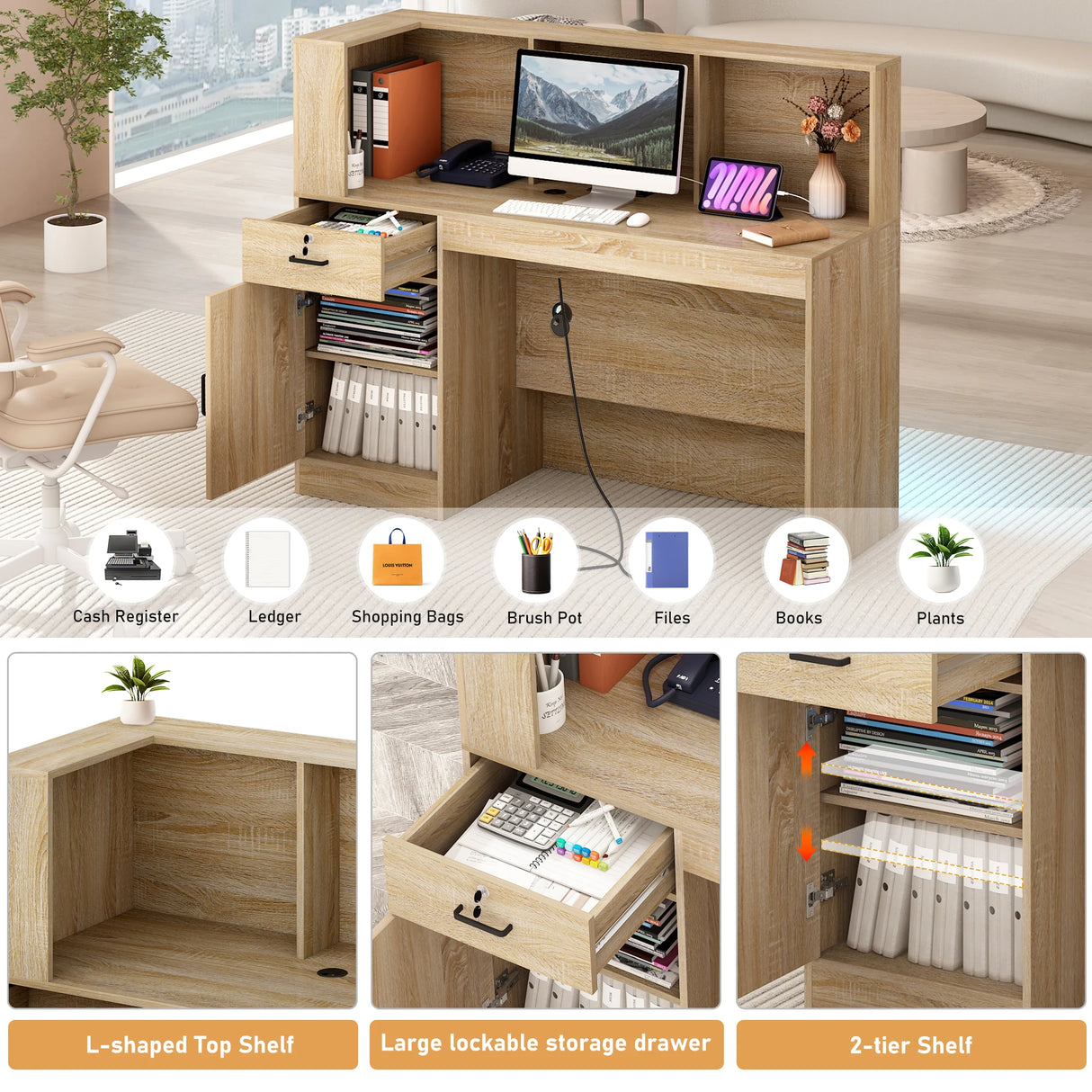 Modern LED Reception Desk With Storage Cabinets and Power Outlets