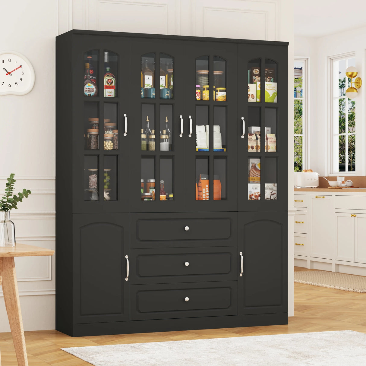 Spacious White Glass Door Dining Room Storage Cabinet