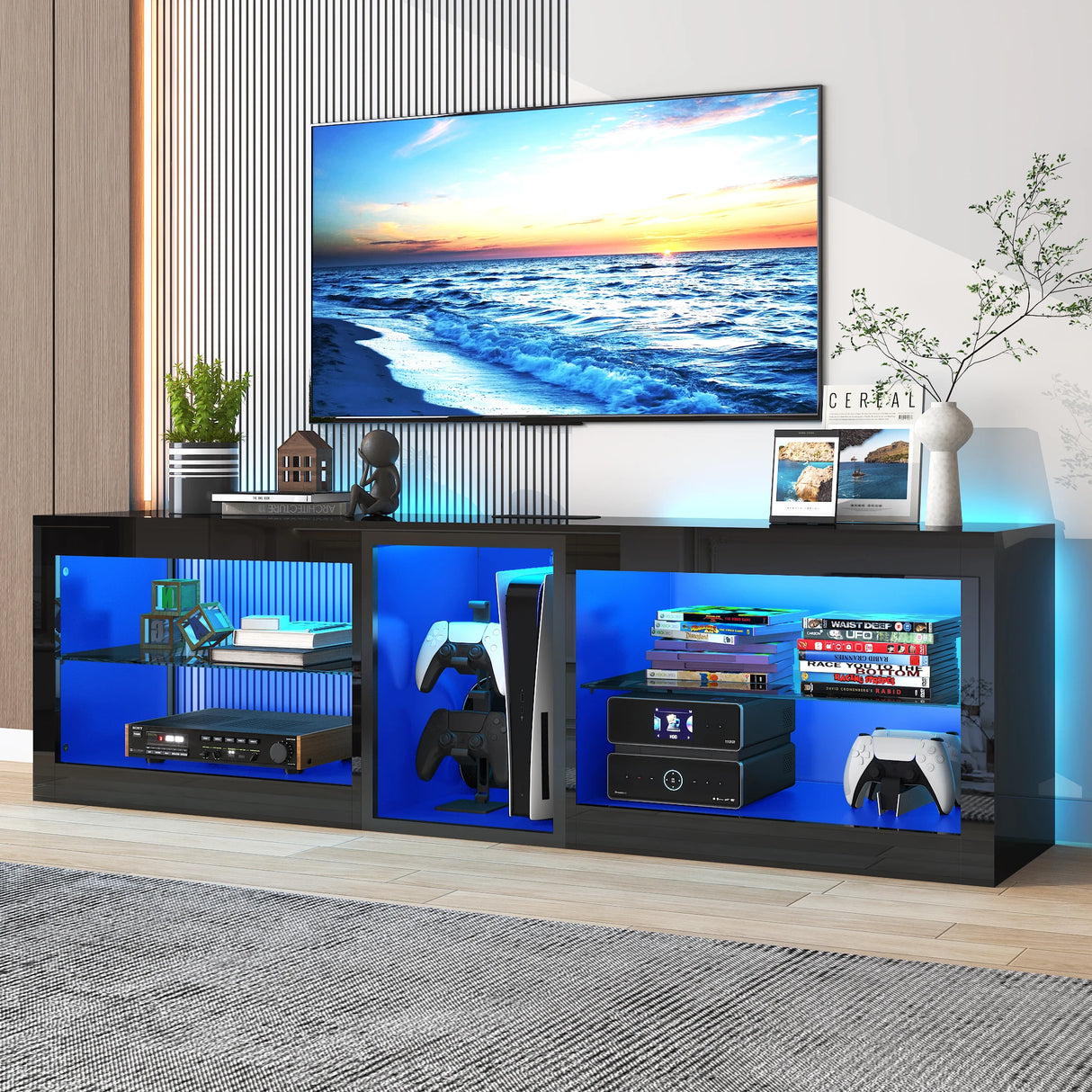 Modern 63-Inch High Gloss LED TV Stand With Storage