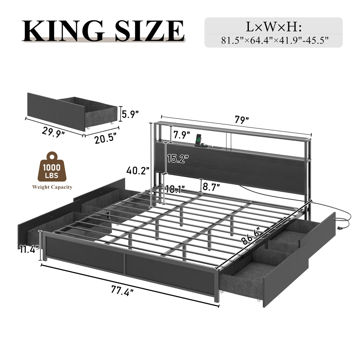King Size Industrial LED Light Storage Platform Bed Frame